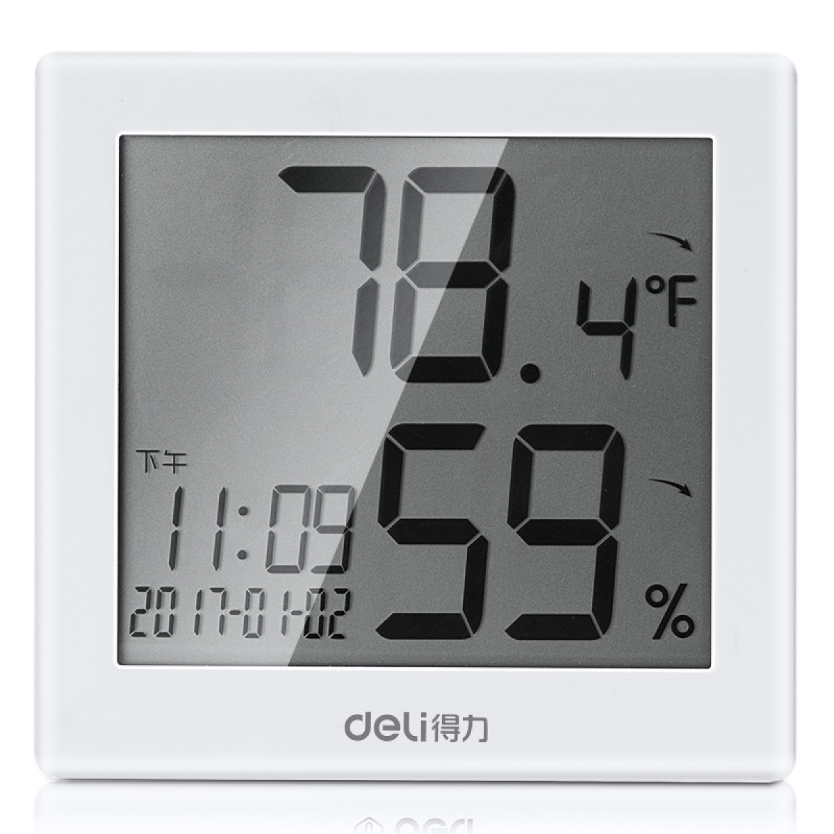 得力(deli)LCD带时间闹钟电子温湿度计 婴儿房室内温湿度表 办公用品 白色8813