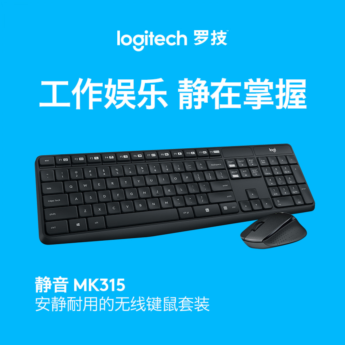 罗技（Logitech）MK315 键鼠套装 无线键鼠套装 办公键鼠套装 静音 全尺寸 黑色 自营 带无线2.4G接收器